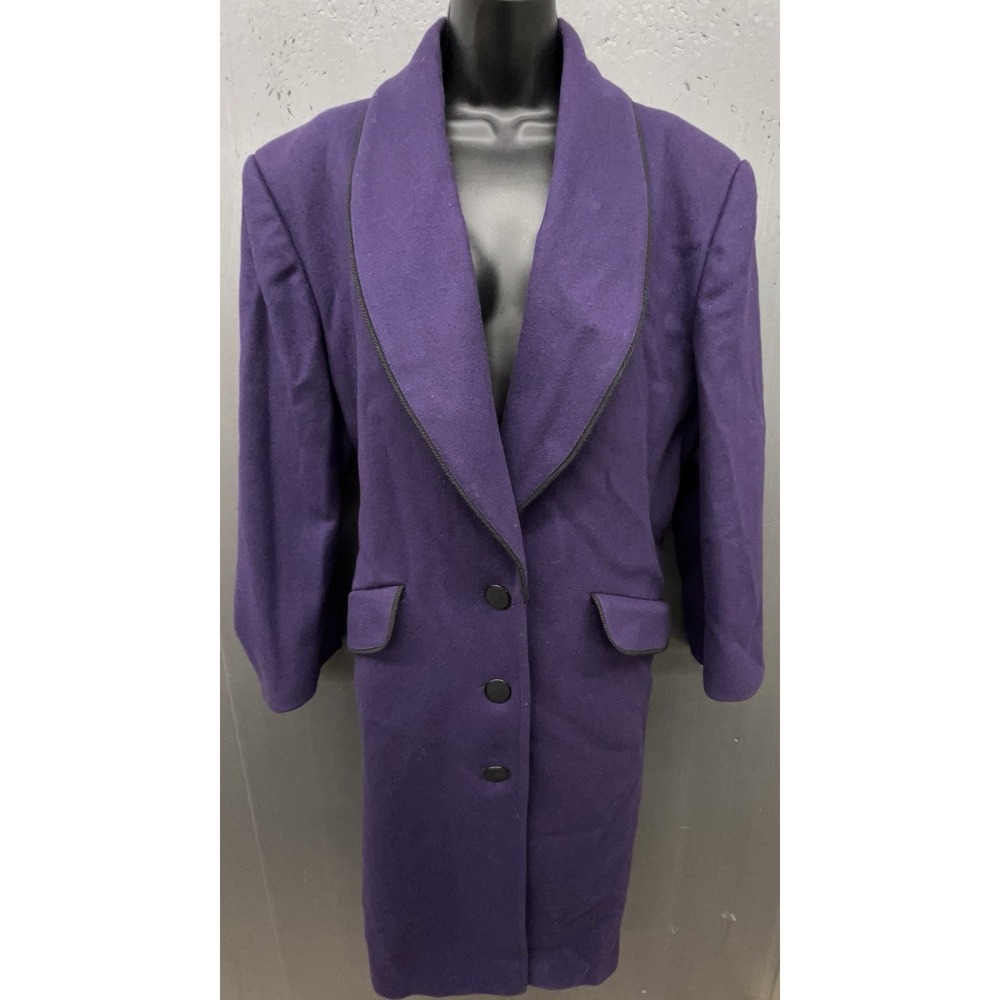 Vintage Wool Coat Women 12 Purple Shawl Collar Pockets Old Money Classic